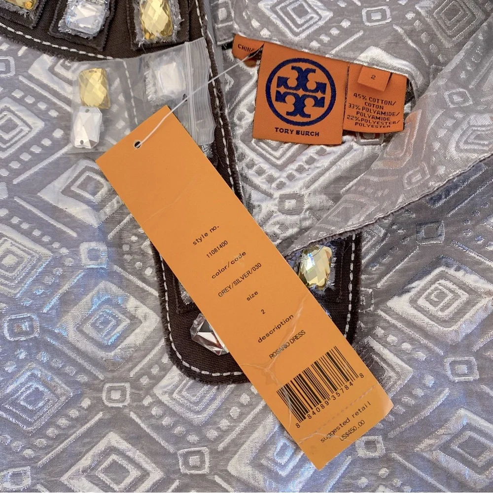 Tory Burch Jeweled V-neck Sheath Rosario Dress Sleeveless Silver Metallic